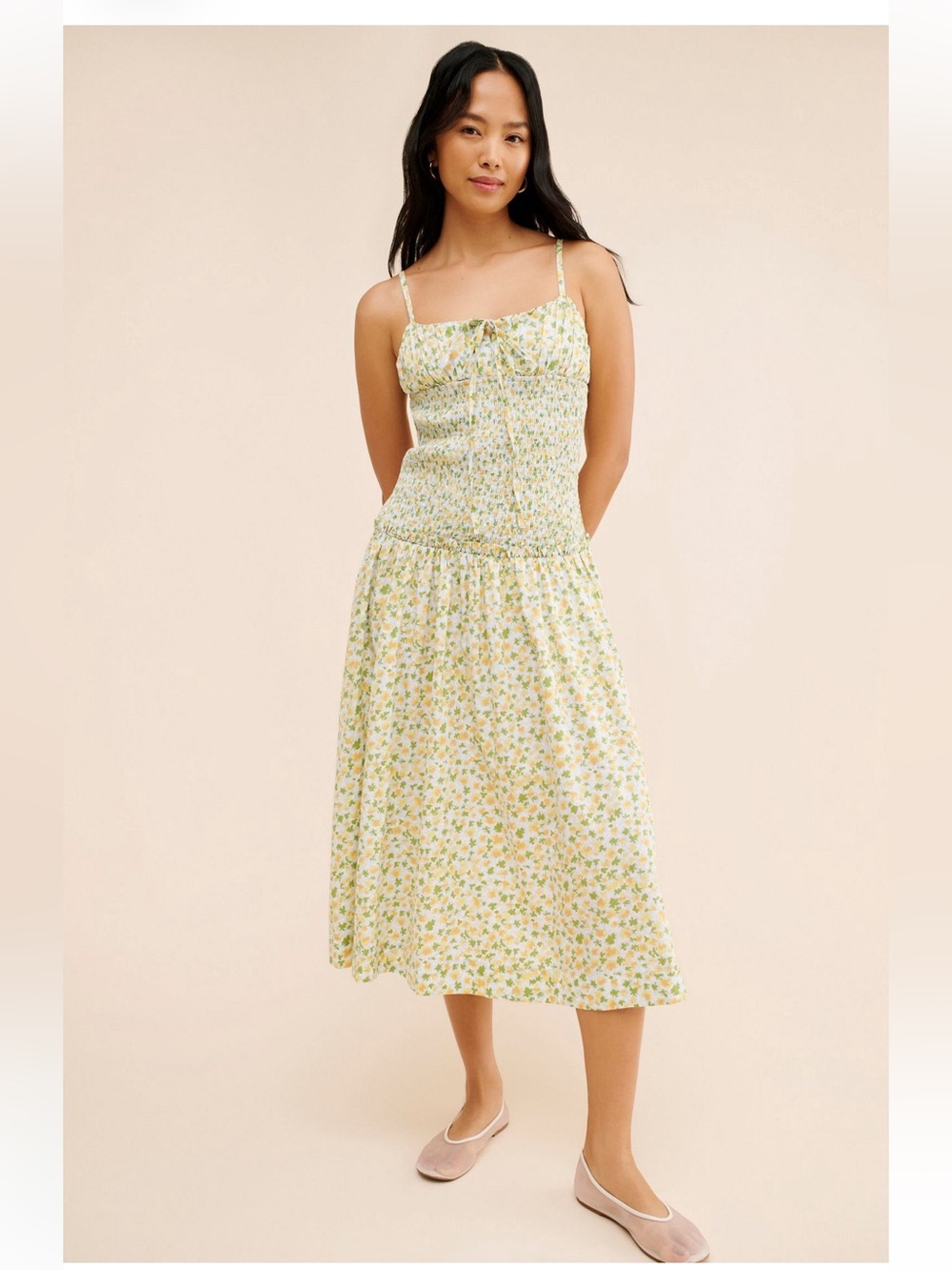 Free People Lavender Daze Floral Smocked Midi Dress in Pale Yellow Med